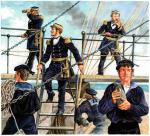 Oficerowie floty cesarsko-królewskiej (na mostku) oraz marynarze. Jeden z nich niesie pocisk do gwintowanego działa