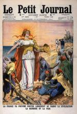 Francja przynosi Maroku pokój, oświatę i dobrobyt, ilustracja z „Le Petit Journal”, listopad 1911 r.  