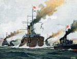 Japońska flota wraca po triumfie pod Cuszimą wraz ze zdobytymi okrętami rosyjskimi, litografia niemiecka z epoki 