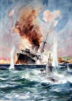 Brytyjski okręt podwodny zatapia turecki pancernik  w Dardanelach,  litografia, 1915 r. 4. Dzwon okrętowy z krążownika „Goeben” 