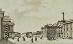 Telegraf semaforowy na wieży Pałacu Jabłonowskich przy pl. Teatralnym. Na rycinie z epoki widać też u góry balkonik – podobno służył strażakom do obserwacji 