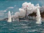 Krążownik „Helgoland”  podczas bitwy w cieśninie Otranto, 1917 r., rys. J. Seits 