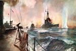 Bitwa jutlandzka – niemieckie okręty liniowe prowadzą ogień, mal.  W. Malchin 