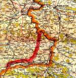 Linia czerwona pokazuje nowy przebieg granicy wschodniej Polski po odstąpieniu Związkowi Sowieckiemu w 1951 r. fragmentu terytorium nadgranicznego