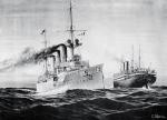 SMS „Emden” przejmuje brytyjski frachtowiec w Zatoce Bengalskiej, rys. C. Schon, 1914 r.
