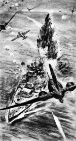 Japońskie samoloty atakują „Prince of Wales”, rys.   z niemieckiego czasopisma „Signal”, 1942 r.