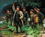 Kim Ir Sen  z towarzyszami, propagandowe malowidło północnokoreańskie