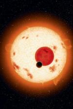 Tak artysta wyobraża sobie widok gwiazd  i planety  w układzie Kepler-16