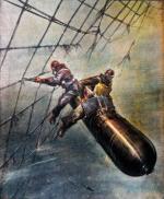 Załoga włoskiej żywej torpedy przedziera się  przez stalową sieć  chroniącą port w Gibraltarze, rys. Vittorio Pisani, 1941 r. 