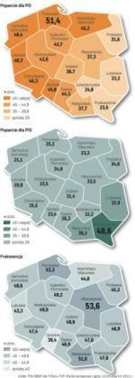PO zebrała najwięcej głosów w woj. pomorskim (51,4 proc.). Najmniej w Lubelskiem (22,2 proc.). PiS na Podkarpaciu miało 48,3 proc. Najgorzej wypadło w Lubuskiem (19,8 proc.).	—js 