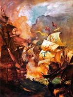 Starcie okrętów angielskich i hiszpańskich w 1588 r., mal. James Edwin McCornell, XX w.