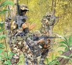 Rysunek przedstawia epizod z walk w Panamie (1989 r., operacja „Just Causa”), w których SEALs odegrali istotną rolę. Komandos jest uzbrojony  w karabinek M16A2, czyli skróconą wersję karabinu M16A2, opracowaną w latach 80. i wyprodukowaną w niewielkiej liczbie dla oddziałów  specjalnych