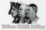 Logika historii według NSDAP: Fryderyk Wielki, Bismarck  –Żelazny Kanclerz, i Hitler jako wypełnienie dziejów. Pocztówka  propagandowa z 1933 roku 