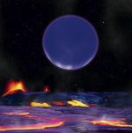 Tak artysta wyobraża sobie gazowego giganta na nocnym niebie skalistej planety Kepler-36b