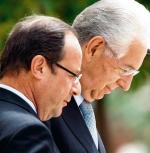 Romańscy sojusznicy  w strefie euro. Prezydent Francji Francois Hollande (z lewej) i premier Włoch  Mario Monti 