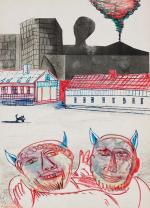 Dwie świnki pod wulkanem, cykl „Mur”, 1973, druk, tusz, kredka, własność artysty