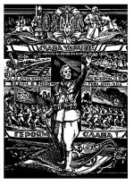 Plakat UPA z 1943 roku. Sztandary komunistyczne  i hitlerowskie u stóp bohatera