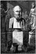Popiersie Hipokratesa z Kos, starożytnego greckiego lekarza, twórcy naukowych podstaw medycyny. Rycina Louisa Figuiera z „Vies des Savants Illustres” (Paryż, 1866)