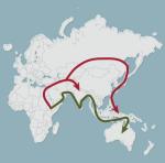 Odtworzone zostały na podstawie badań genetycznych  i anatomicznych. Pierwsza (zaznaczona na zielono) sprzed 130 tys. lat wyruszyła ze wschodniej Afryki wzdłuż południowego wybrzeża Półwyspu Arabskiego, Indyjskiego i przez Zatokę Bengalską oraz Nową Gwineę do Australii. Druga fala migracji sprzed 50 tys. lat ruszyła z tego samego miejsca, ale inną trasą (zaznaczoną na czerwono). Ludzie skierowali się na północ Afryki, a stamtąd dostali się do Azji Mniejszej i dalej na wschód kontynentu azjatyckiego. Część dotarła do Półwyspu Indyjskiego, pozostali przez Wyspy Japońskie zawędrowali do Azji Południowo-Wschodniej. ∑