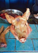 W miejsce głowy bawoła,  herbowego zwierzęcia Mołdawii – świński łeb. Realia z rynku  w Komracie
