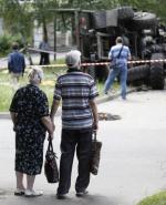 Donieck. Resztki ciężarówki Kamaz należącej  do oddziału separatystów trafionej z ukraińskiego helikoptera 