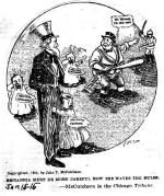 Karykatura z 1914 roku: neutralny Wuj Sam, krwisty John Bull i posiniaczona w wyniku awantury „amerykańska żegluga”. Kajzer majaczy gdzieś w oddali.  