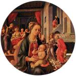 Tondo, czyli świat zamknięty w kręgu  (tu – przez brata Filippo Lippi):  Madonna z Dzieciątkiem,  w tle narodziny Marii  oraz spotkanie Anny i Joachima