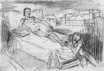 Naga kobieta leżąca na łożu z klęczącym u jej stóp mężczyzną, rys. Schulza, przed 1936 r.