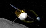 Artystyczna wizja amerykańskiej sondy wiszącej nad powierzchnią asteroidy Bennu