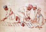 Akwarela nieznanego XIX-wiecznego artysty przedstawiająca trzech thugów zabijających śpiącego podróżnego.