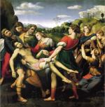 „Złożenie do grobu”, obraz Rafaela Santiego z 1507 r. Według wszystkich ewangelistów Chrystus po śmierci został owinięty w płótno i złożony w grobie.