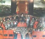 Sąd nad arianami (plafon z Pałacu Biskupów Krakowskich w Kielcach). W 1638 r. braci polskich z Rakowa oskarżono o profanację krzyża i skazano na wygnanie.