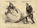 Karykatura przedstawiająca Lincolna i Johnsona, który próbuje „zszyć” podzieloną Unię 
