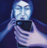 Karolina Jabłońska – „Autoportret z telefonem”,  2019, olej na płótnie, 120 x 20 cm 