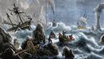 Nagle bez najmniejszego uprzedzenia  wody zrobiły się niespokojne.  Odpływ odsłonił ukrytą rafę ostrych  skał i „okrętem zaczęło rzucać jak piłką, grożąc mu uderzeniem o dno”.  Rosyjska ekspedycja kierowana przez  Vitusa Beringa rozbija się na Kamczatce w 1741 r. Ręcznie kolorowana ilustracja  z XIX wieku