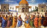 „Jezus przekazuje Piotrowi klucze do królestwa niebieskiego” – fresk  z Kaplicy Sykstyńskiej pędzla Pietra Perugino 