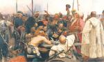 Legenda walki i oporu przeciwko „polskim panom” konstytuowała tożsamość Zaporożców. Na zdjęciu: Ilja Repin „Kozacy piszą list do sułtana” 1880/91, olej na płótnie