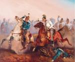 „Walka między dragonami austriackimi a węgierskimi huzarami podczas wojny o niepodległość  na Węgrzech w 1849 r.”, obraz Antonina Zimmera z 1854 r. 
