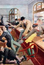 Ilustracja przedstawiająca napad gangu Bonnota na paryski oddział banku Société Générale 