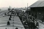 Więźniowie wsiadają do pociągu wiozącego ich do Auschwitz