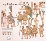 Rycina upamiętniająca moment poddania się Azteków Hiszpanom. Za siedzącym na tronie Cortésem stoi  jego tłumaczka 