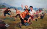 Należący do zbiorów TS Wisła obraz Jerzego Potrzebowskiego „Chłopcy grają na Błoniach” pokazuje początki polskiej piłki nożnej 