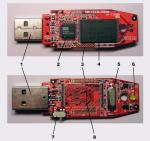 Schemat budowy pendrive’a:  1) wtyk USB, 2) kontroler pamięci, 3) styki serwisowe, 4) kość pamięci flash, 5) rezonator kwarcowy  6) dioda LED określająca tryb pracy,  7) blokada zapisu, 8) miejsce  na dodatkową kość pamięci 