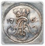 Szeląg z 1761 roku Augusta III Sasa ma cenę 20 tys. zł