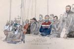 Rysunek z sali sądowej w Paryżu: 14 oskarżonych, pierwszy z prawej Salah Abdeslam