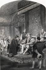 Thomas Cromwell wręcza królowi Henrykowi VIII pierwszy oficjalny przekład Biblii na język angielski