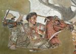 Fragment mozaiki przedstawiający Aleksandra Wielkiego w czasie bitwy z Dariuszem III – pod Issos w listopadzie 333 r. p.n.e.