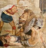 Walka gladiatora Murmillo z lwem berberyjskim w rzymskim Koloseum Studio artist of Firmin Didot/ Collectionsbalsorano/wikipedia/domena publiczna