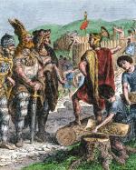 Rok 406: spotkanie pod Fiesole (Toskania) rzymskiego generała Stylichona z Radagaisusem, przywódcą Ostrogotów. Drzeworyt ręcznie barwiony