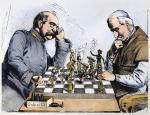 Karykatura przedstawiająca szachową rozgrywkę pomiędzy Ottonem von Bismarckiem a papieżem Piusem IX, 1875 r.